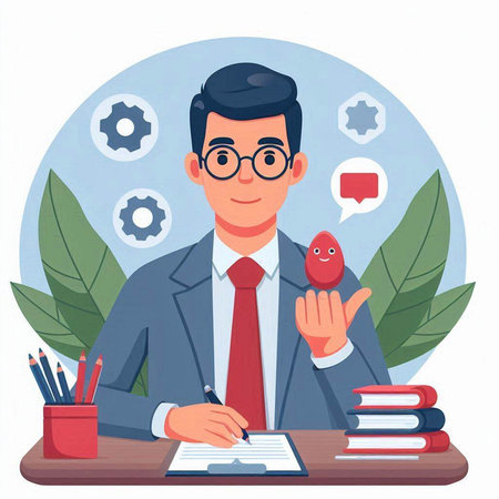Businessman sitting at his desk and holding a piggy bank. Vector illustration.のイラスト素材