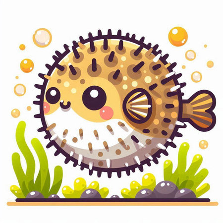 Cute cartoon puffer fish. Vector illustration isolated on white background.のイラスト素材