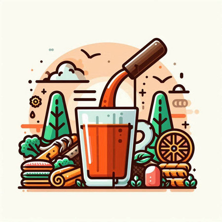 Cup of hot mulled wine with cinnamon, apple, carrot and gingerbread. Colorful vector illustration in flat linear style.のイラスト素材