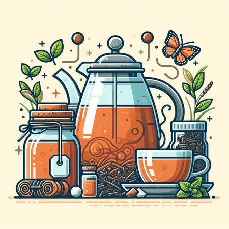 Vector illustration of a set of tea in a glass teapot and cups.のイラスト素材