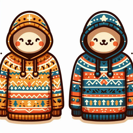 Vector illustration of two cute kawaii bears in winter clothes.のイラスト素材