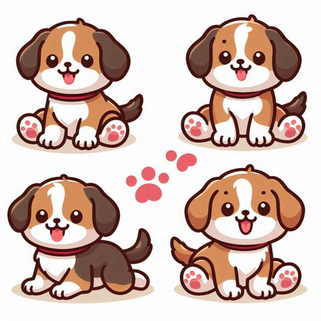Cute Cartoon Puppy with Different Gestures. Vector Illustrationのイラスト素材