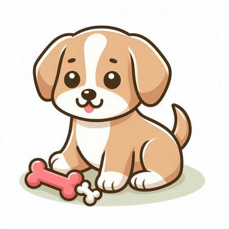 Cute puppy with bone on white background. Cartoon vector illustration.のイラスト素材