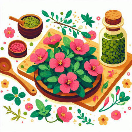 Flowering herbs and spices in a wooden bowl. Vector illustration.のイラスト素材
