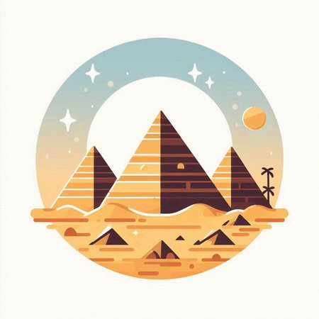 Egyptian pyramids in the desert. Vector illustration in flat styleのイラスト素材