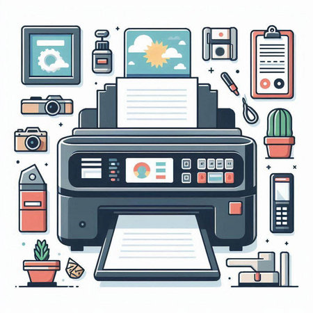 Colorful flat vector illustration of modern office equipment, printer and stationeryのイラスト素材