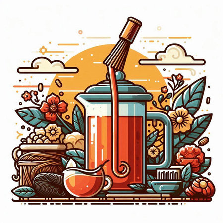 Vector illustration of herbal tea in glass teapot and bowl with ingredients.のイラスト素材