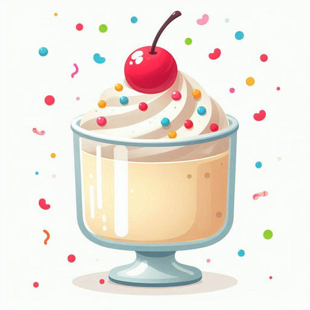 Cup of ice cream with cherry on top. Vector illustration.のイラスト素材