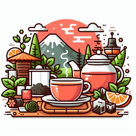 Cup of tea with teapot on the background of mountains. Vector illustration.のイラスト素材