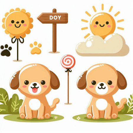 set of cute dog and sun on white background. vector illustration.のイラスト素材