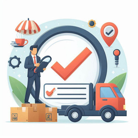 Delivery and logistics concept. Vector illustration in flat cartoon style with icons.のイラスト素材