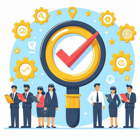 Group of business people with magnifying glass and check mark. Flat vector illustration.のイラスト素材