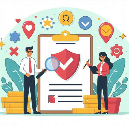 Vector illustration of business people with clipboard, magnifying glass and check mark.のイラスト素材