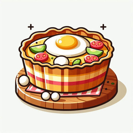 Illustration of a cartoon pie with eggs and vegetables on a white backgroundのイラスト素材