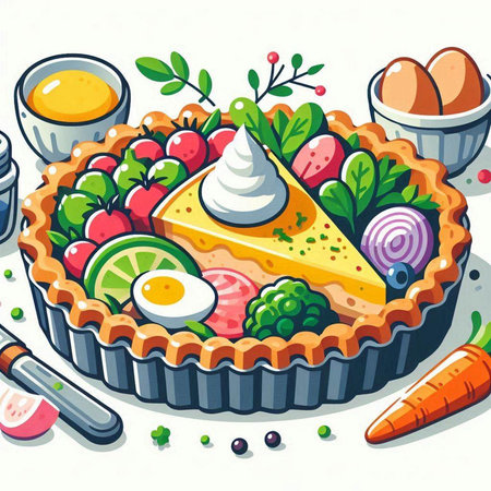 Illustration of a delicious pie with fruits, vegetables and cream.のイラスト素材