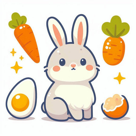 Cute cartoon bunny with carrot, egg and egg. Vector illustration.のイラスト素材