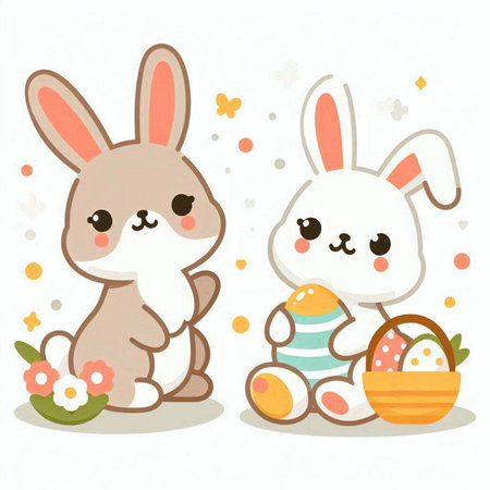 Cute cartoon rabbit with flowers. Vector illustration in flat style.のイラスト素材