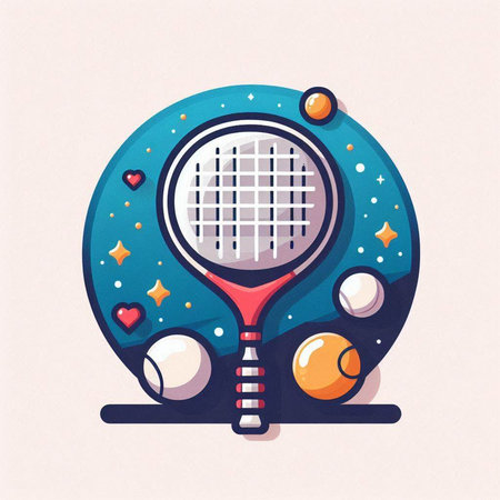 Tennis racket with balls and stars. Vector illustration in cartoon style.のイラスト素材