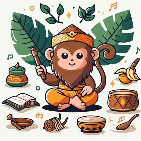 Vector illustration of Monkey sitting and playing musical instrument. Monkeys and musical notes.のイラスト素材