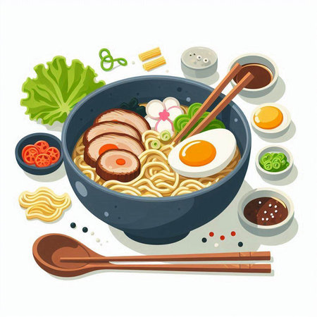 Illustration of japanese noodle bowl with chopsticks and ingredientsのイラスト素材
