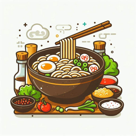 Illustration of japanese ramen noodle soup in bowl with chopsticksのイラスト素材