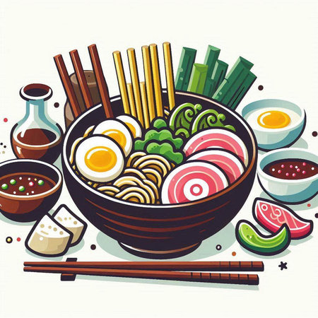 Bowl of noodle soup with egg, soy sauce and chopsticks. Vector illustration.のイラスト素材