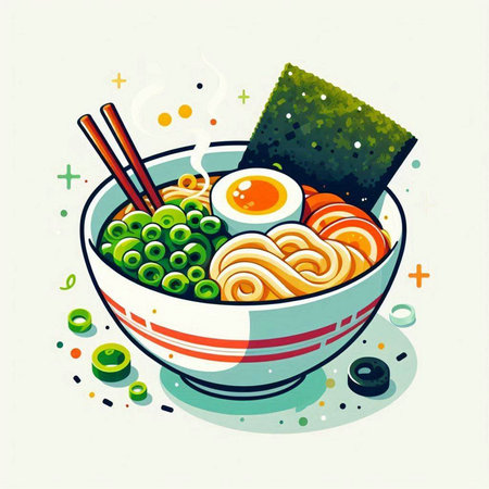 Illustration of a bowl of ramen with chopsticks and vegetablesのイラスト素材