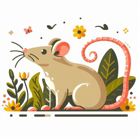 Vector illustration of a cute little mouse on a background of flowers.のイラスト素材