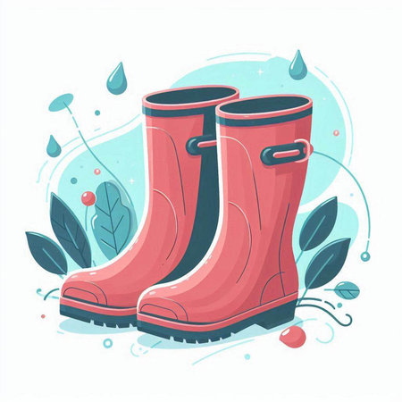 Garden rubber boots on a background of water drops. Vector illustration.のイラスト素材