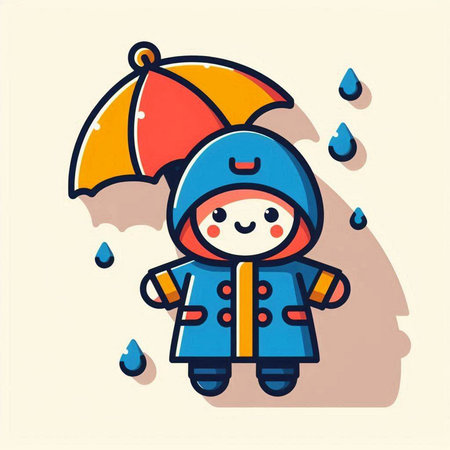Cute boy in raincoat with umbrella. Vector cartoon illustration.のイラスト素材