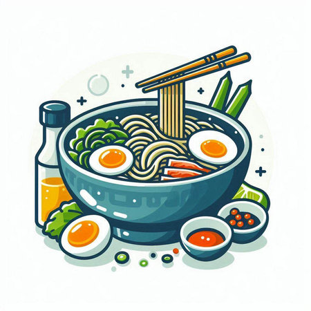 Bowl of noodle soup with chopsticks and vegetables, vector illustrationのイラスト素材