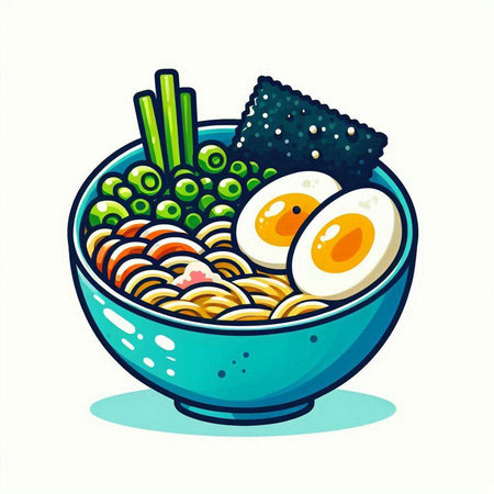 Illustration of a bowl of ramen noodles with egg and vegetablesのイラスト素材