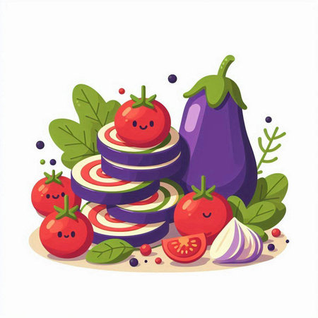 Vector illustration of fresh vegetables - eggplant, tomato, zucchini, pepper, onion, garlic.のイラスト素材