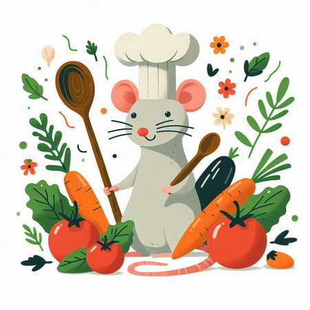 Rat chef with vegetables. Vector illustration in a flat style on white background.のイラスト素材