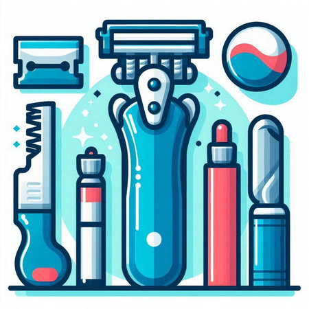 Vector illustration of shaving machine with different tools. Flat design style.のイラスト素材