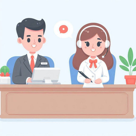 Businessman and businesswoman in call center office. Vector illustration.のイラスト素材