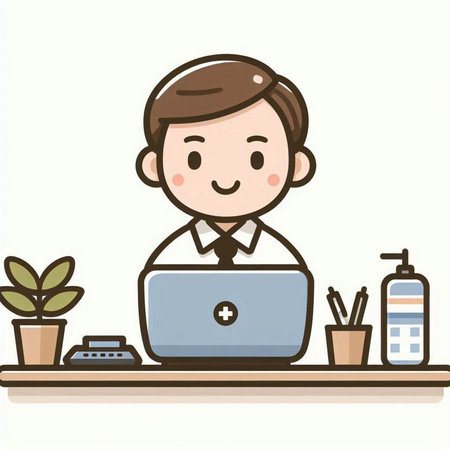 Illustration of a young man using a laptop at the office.のイラスト素材