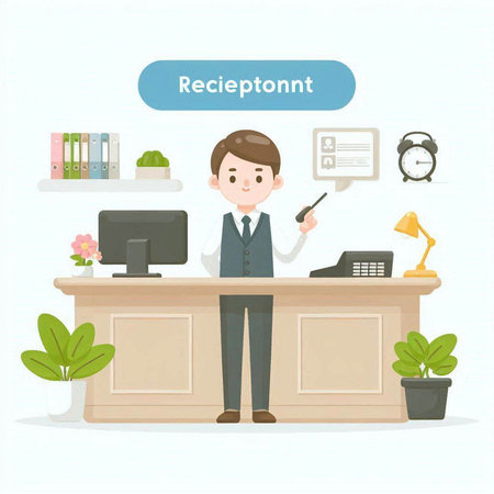 Receptionist at the reception desk. Flat style vector illustration.のイラスト素材