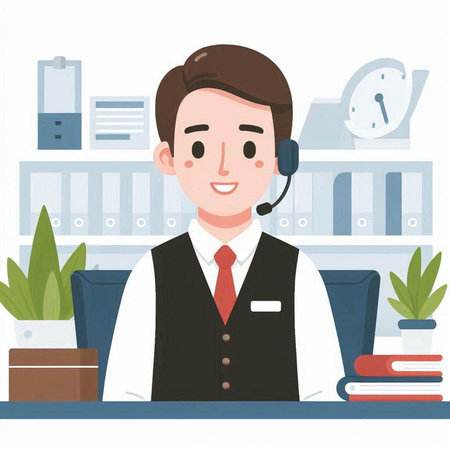 Businessman wearing a headset in the office. Vector flat illustration.のイラスト素材