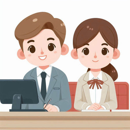 Businessman and businesswoman in office with computer. Vector illustration.のイラスト素材
