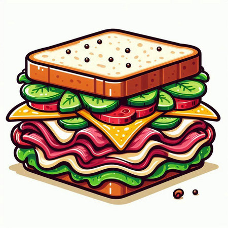 Sandwich with ham, cheese, tomato, lettuce, cucumber, onion, tomato and cheese. Vector illustration.のイラスト素材