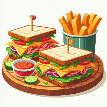 Sandwiches with cheese, ham, tomato, cucumber and lettuce on wooden boardのイラスト素材