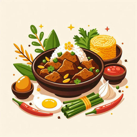Illustration of a bowl of beef stewed with rice and vegetablesのイラスト素材