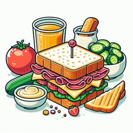 Vector illustration of a sandwich with cheese, ham, tomato, cucumber and mayonnaiseのイラスト素材