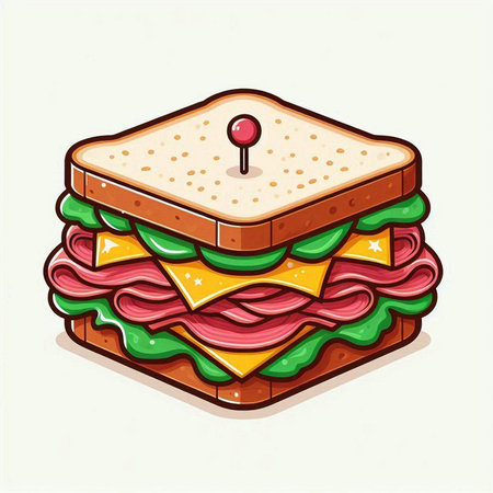 Sandwich with ham, cheese and lettuce. Vector cartoon illustration.のイラスト素材