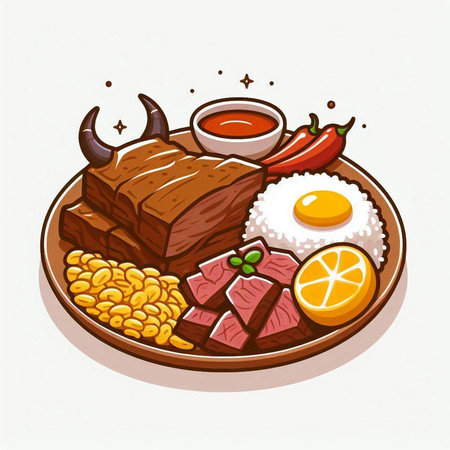 Illustration of Japanese Cuisine - Beef Steak, Rice and Vegetablesのイラスト素材