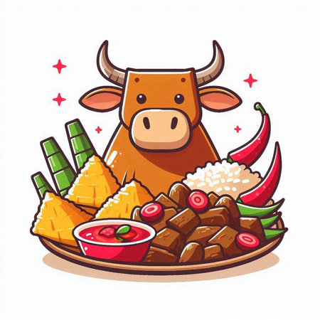 Illustration of cow with rice, dumplings and chili sauceのイラスト素材