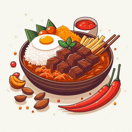 Rice soup with beef, egg and vegetables. Vector illustration.のイラスト素材