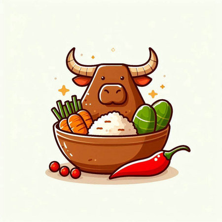 Illustration of a Cute Bull with Rice and Vegetables.のイラスト素材