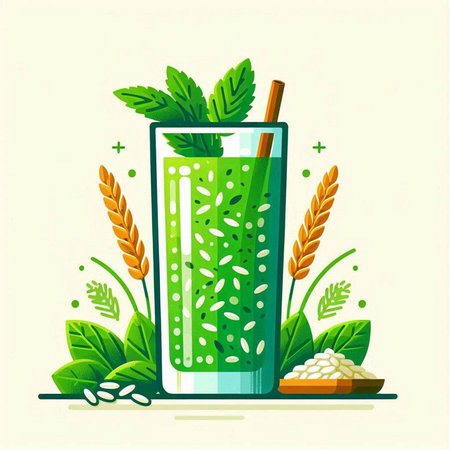 Green smoothie in a glass with mint leaves. Vector illustration.のイラスト素材